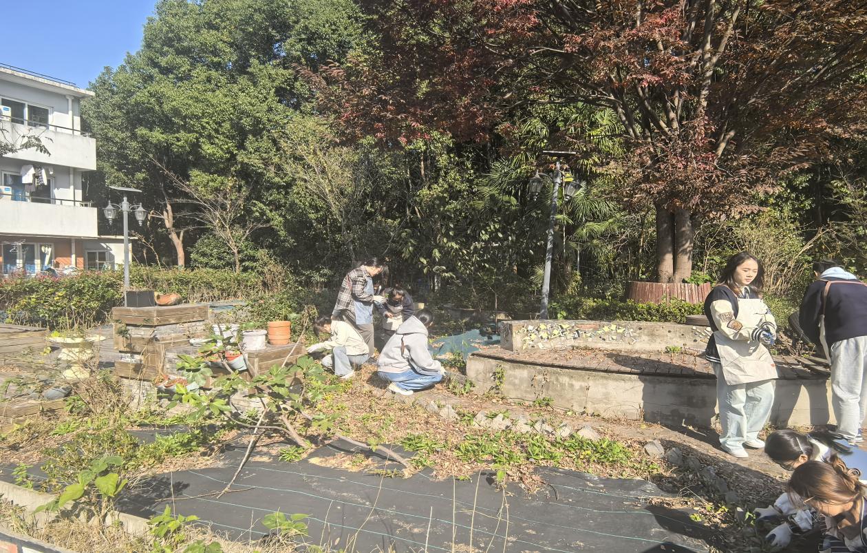 图为同学们在现场清理杂草